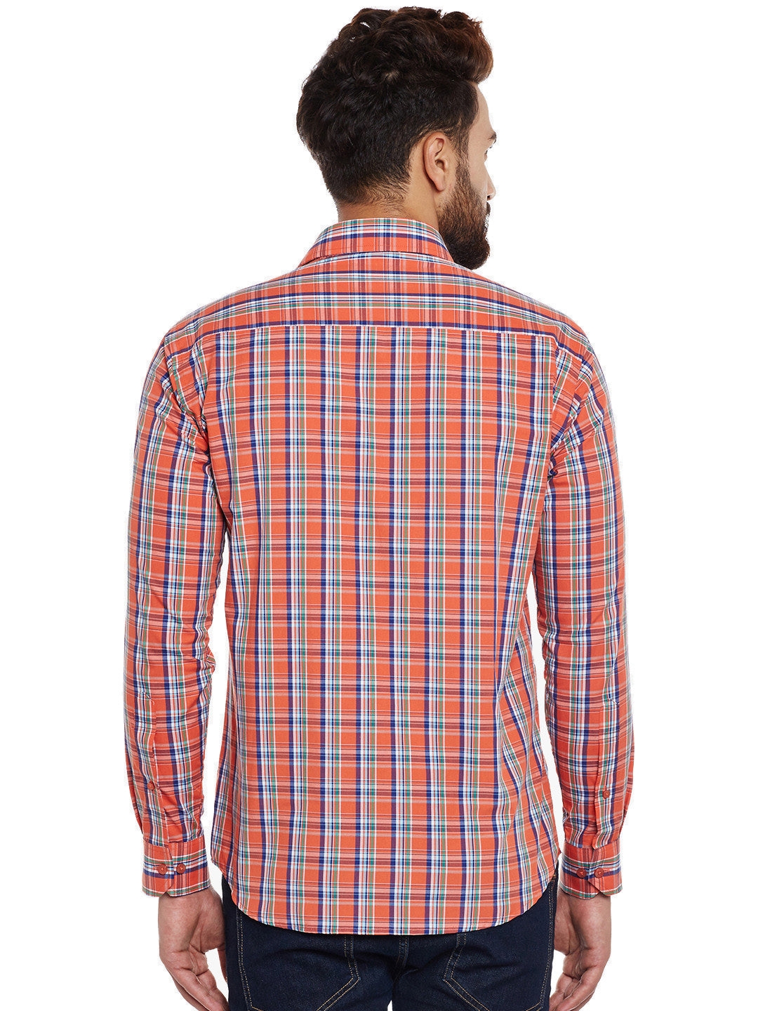 Men Orange Checks  Pure Cotton Slim Fit Casual Shirt