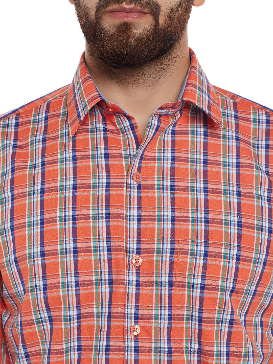 Men Orange Checks  Pure Cotton Slim Fit Casual Shirt