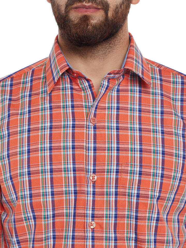 Men Orange Checks  Pure Cotton Slim Fit Casual Shirt