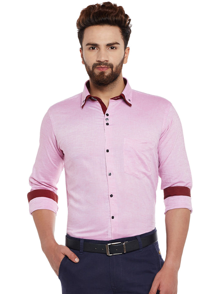 Men Pink Solid Cotton Linen Slim Fit Casual Shirt