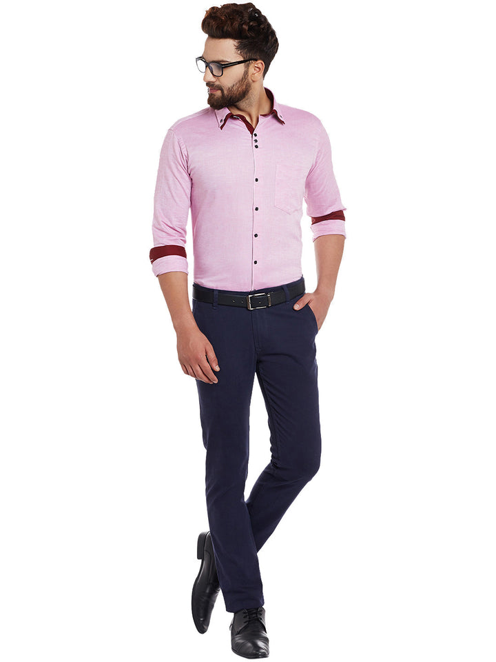 Men Pink Solid Cotton Linen Slim Fit Casual Shirt