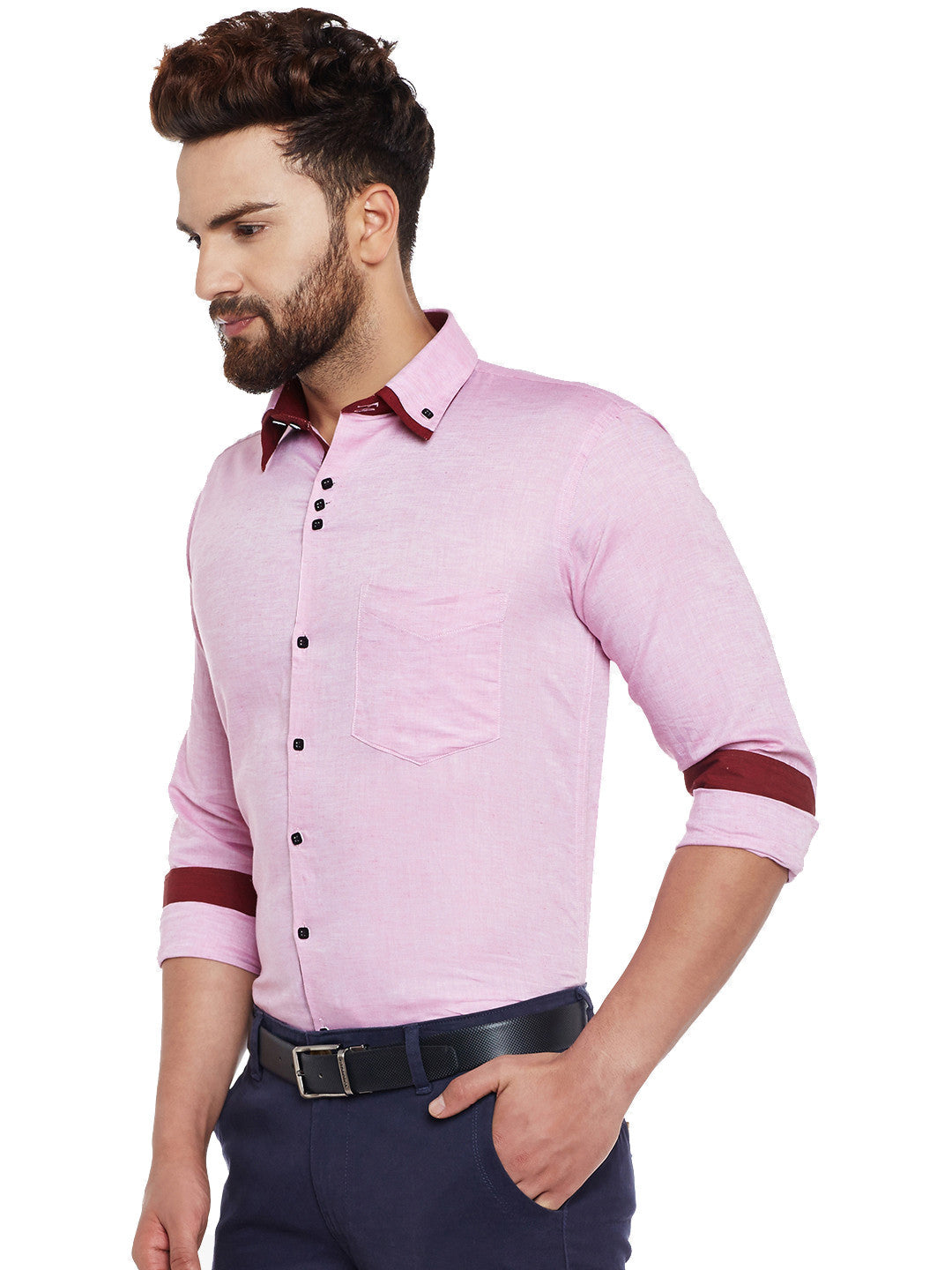 Men Pink Solid Cotton Linen Slim Fit Casual Shirt