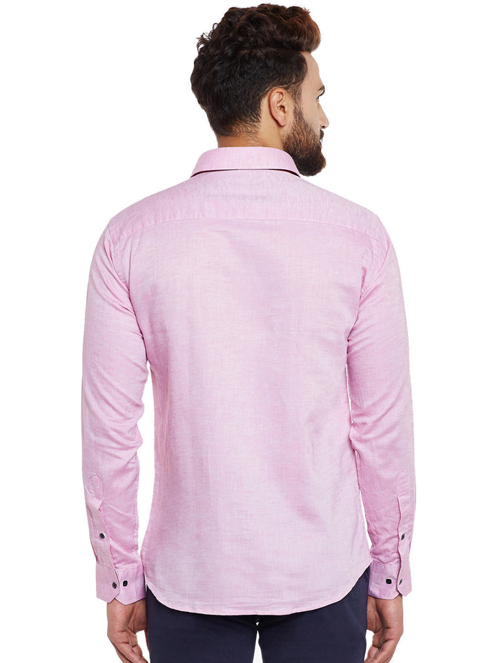 Men Pink Solid Cotton Linen Slim Fit Casual Shirt