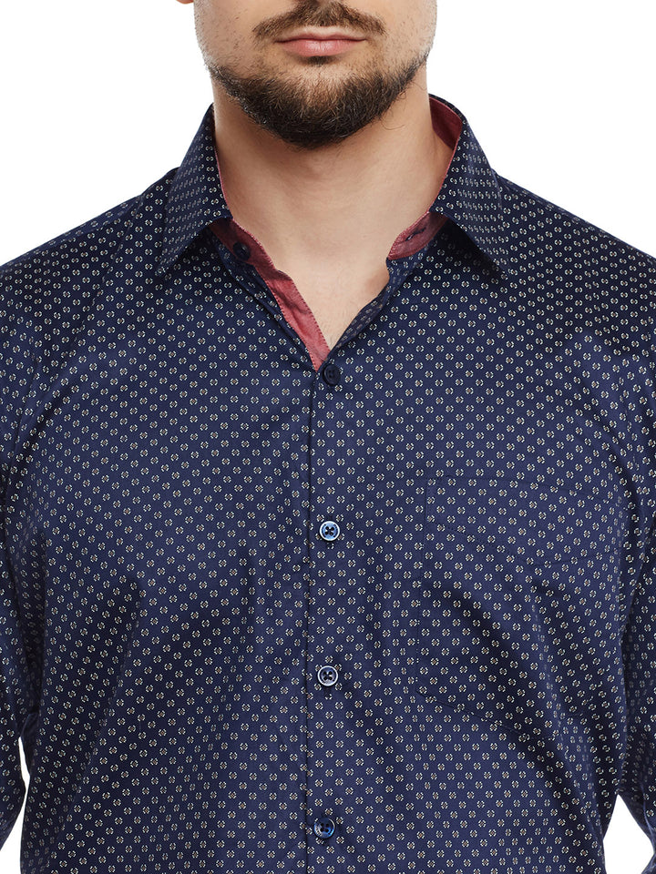 Men Navy Printed Pure Cotton Pure Cotton Slim Fit Formal Shirt