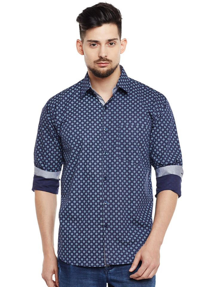 Men Navy Printed Pure Cotton Pure Cotton Slim Fit Casual Shirt