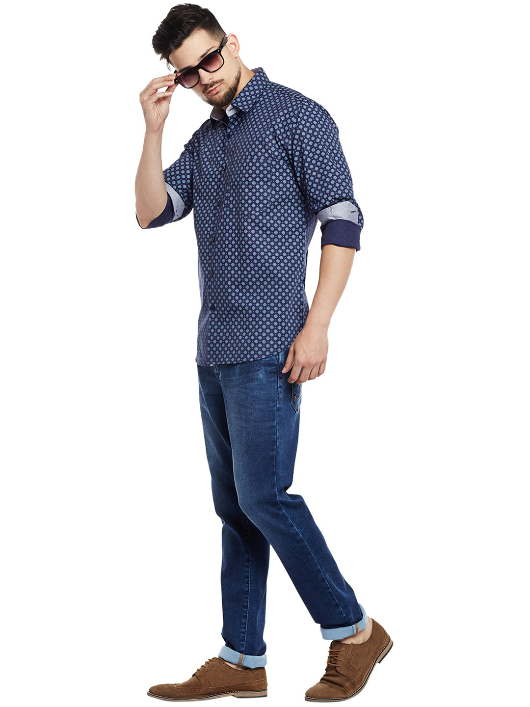 Men Navy Printed Pure Cotton Pure Cotton Slim Fit Casual Shirt