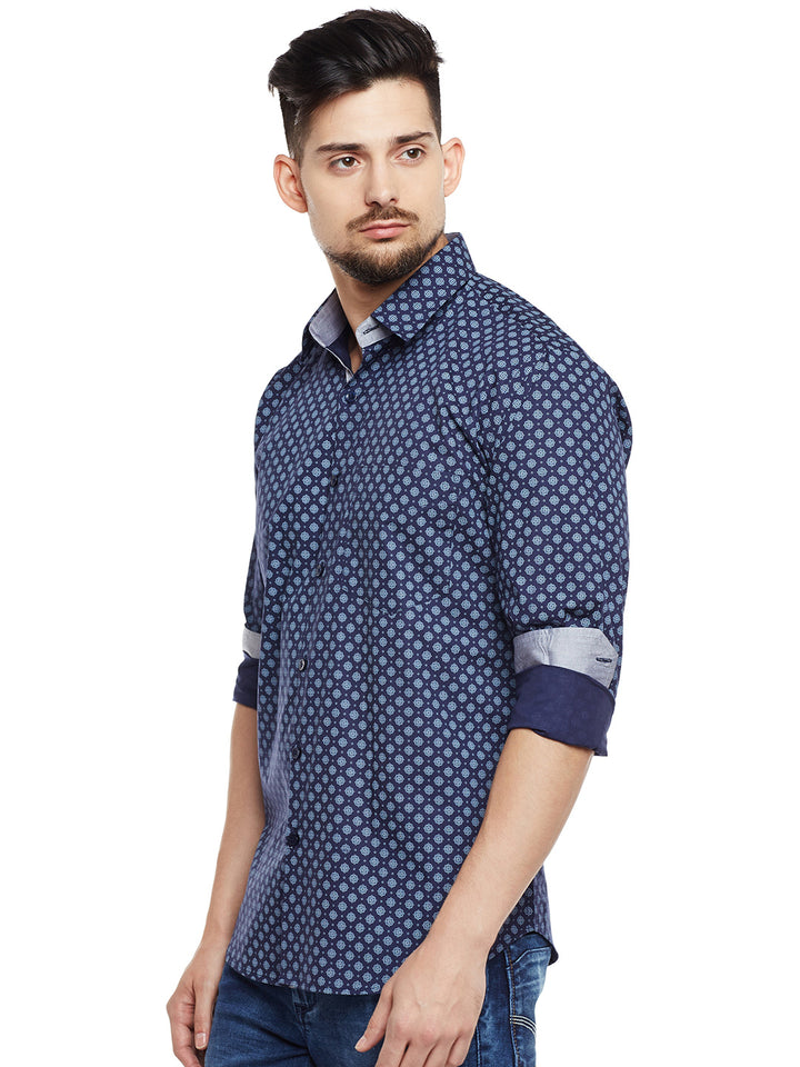 Men Navy Printed Pure Cotton Pure Cotton Slim Fit Casual Shirt