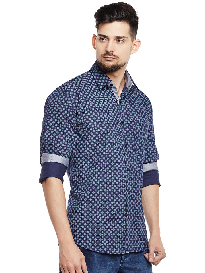Men Navy Printed Pure Cotton Pure Cotton Slim Fit Casual Shirt