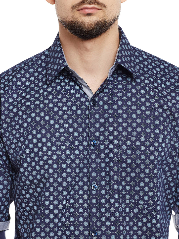 Men Navy Printed Pure Cotton Pure Cotton Slim Fit Casual Shirt