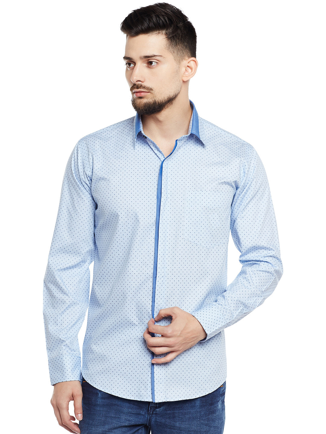 Men Sky Blue Printed Pure Cotton Pure Cotton Slim Fit Party Wear Formal Shirt