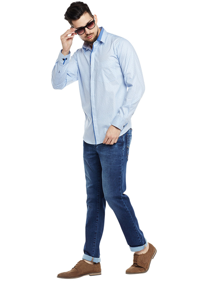 Men Sky Blue Printed Pure Cotton Pure Cotton Slim Fit Party Wear Formal Shirt