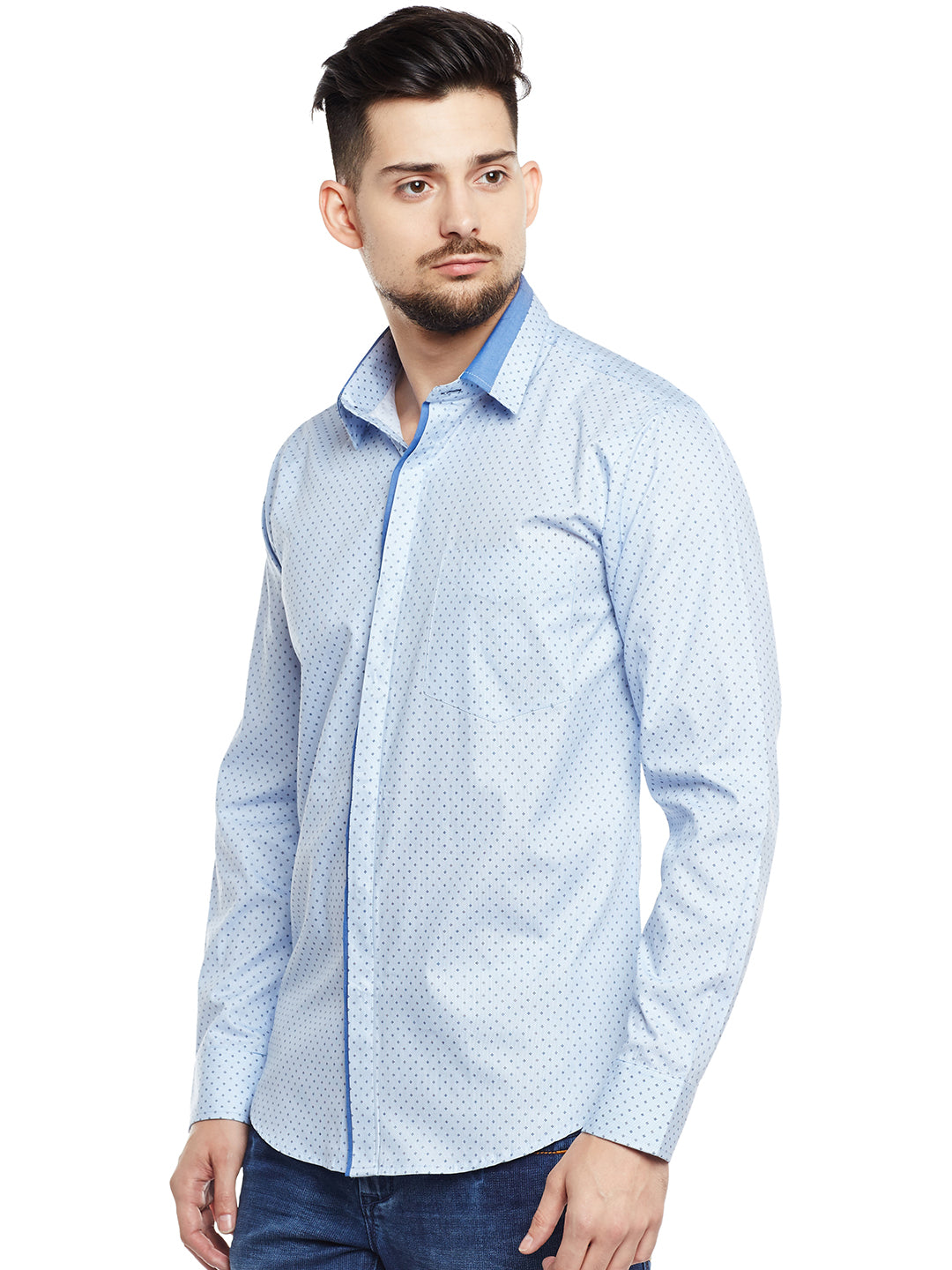 Men Sky Blue Printed Pure Cotton Pure Cotton Slim Fit Party Wear Formal Shirt