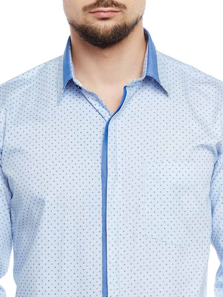 Men Sky Blue Printed Pure Cotton Pure Cotton Slim Fit Party Wear Formal Shirt