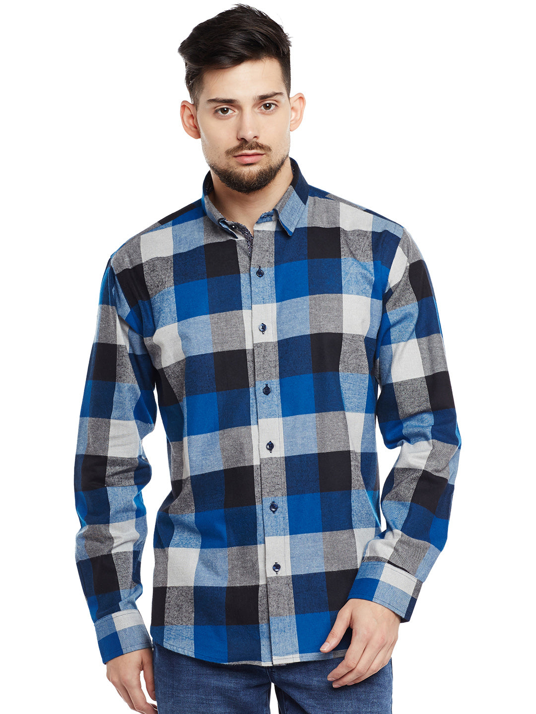Men Navy & Blue Checked Pure Cotton Pure Cotton Slim Fit Casual Shirt