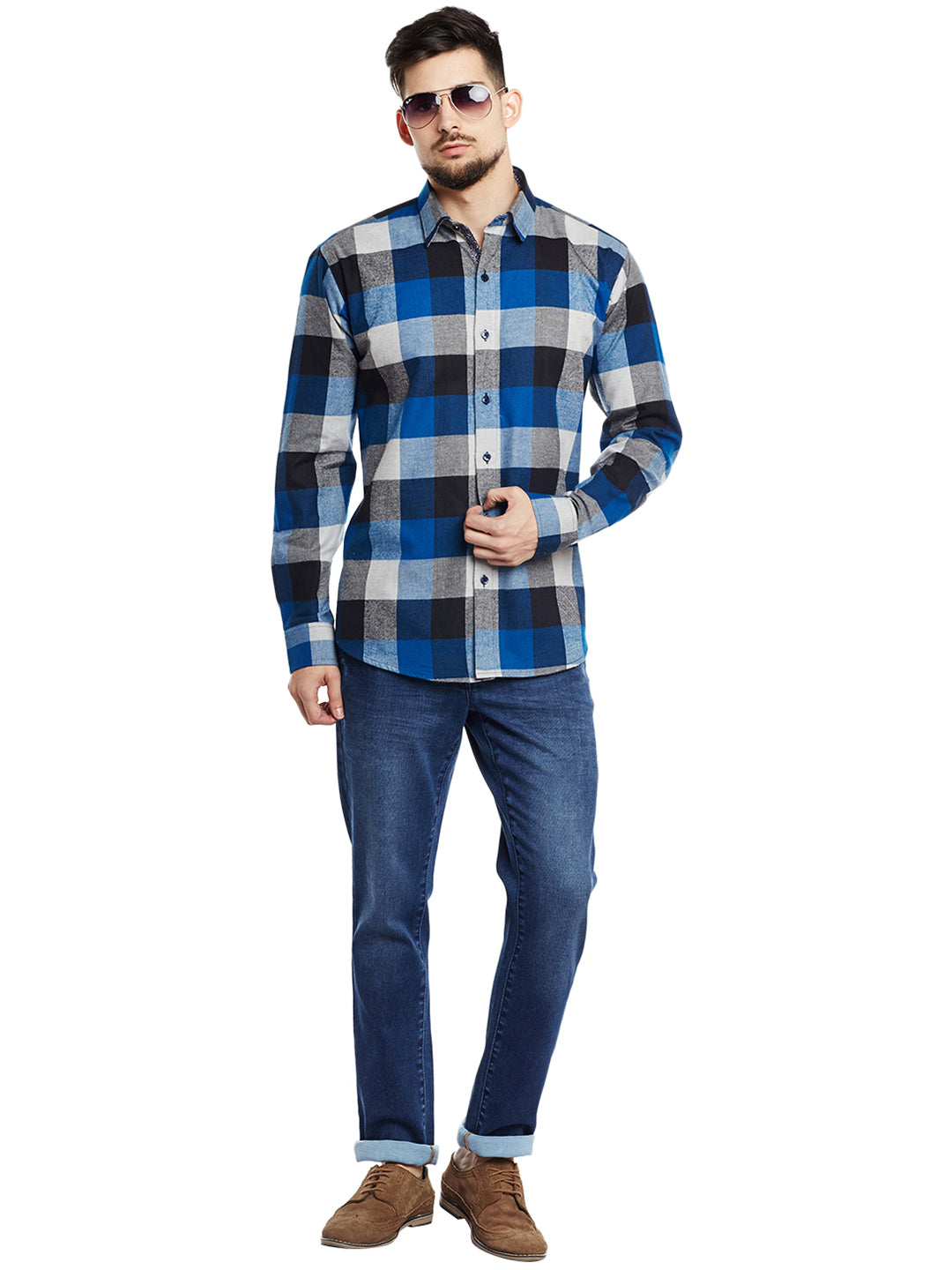 Men Navy & Blue Checked Pure Cotton Pure Cotton Slim Fit Casual Shirt