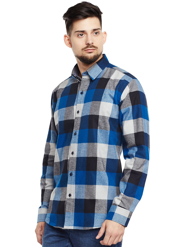 Men Navy & Blue Checked Pure Cotton Pure Cotton Slim Fit Casual Shirt