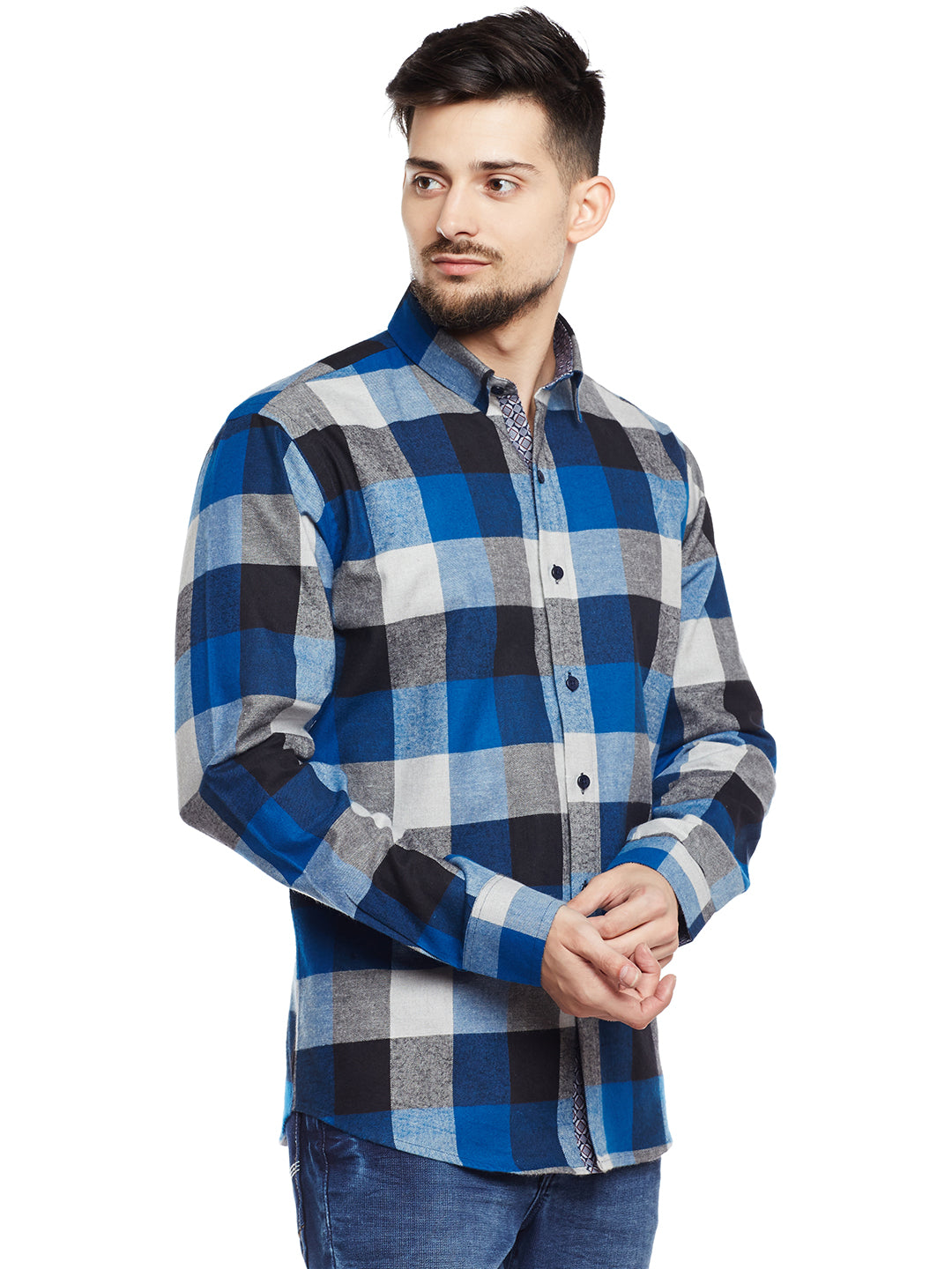 Men Navy & Blue Checked Pure Cotton Pure Cotton Slim Fit Casual Shirt