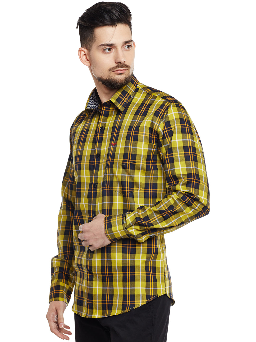 Men Yellow & Navy Checked Pure Cotton Pure Cotton Slim Fit Casual Shirt