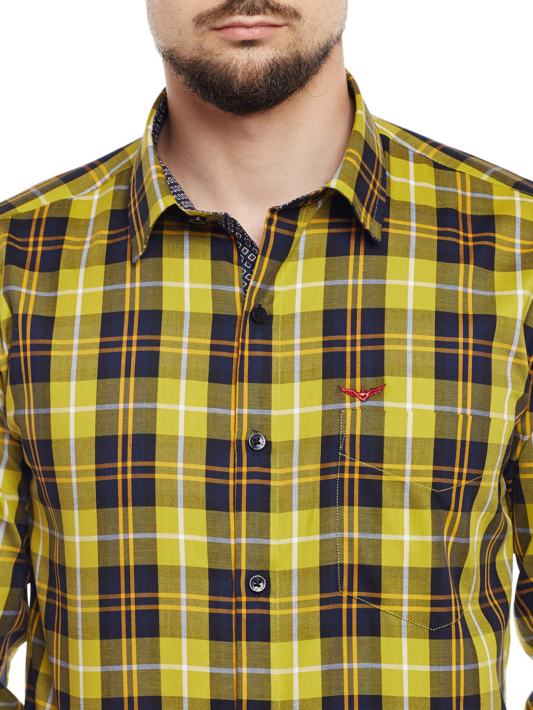 Men Yellow & Navy Checked Pure Cotton Pure Cotton Slim Fit Casual Shirt