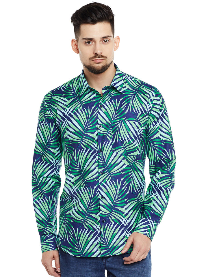 Men Navy & Green Printed Pure Cotton Pure Cotton Slim Fit Casual Shirt