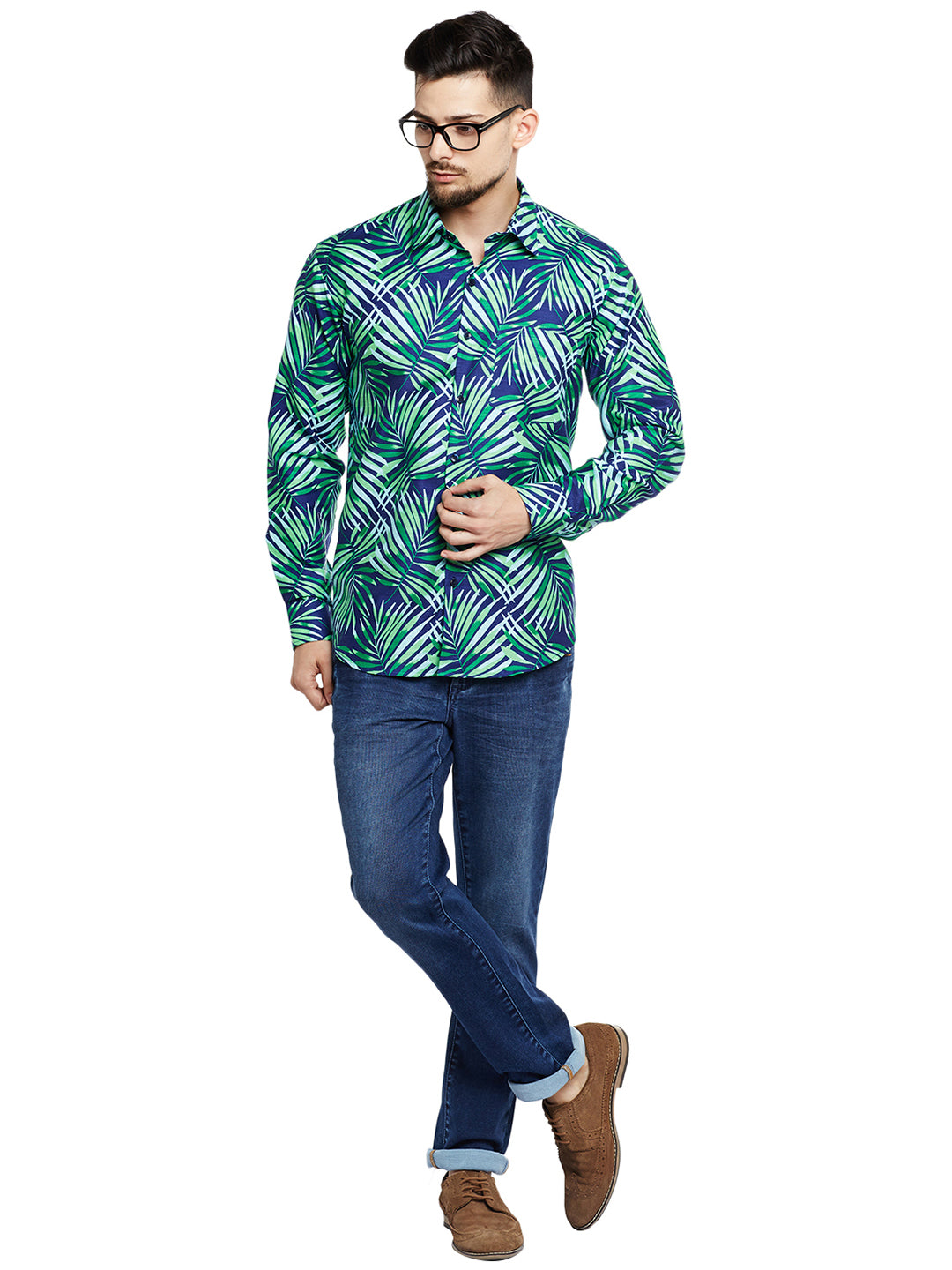 Men Navy & Green Printed Pure Cotton Pure Cotton Slim Fit Casual Shirt