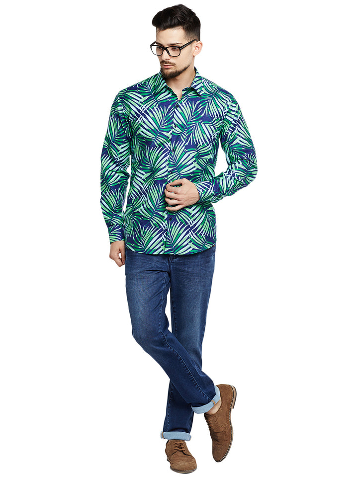 Men Navy & Green Printed Pure Cotton Pure Cotton Slim Fit Casual Shirt