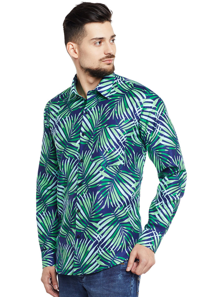Men Navy & Green Printed Pure Cotton Pure Cotton Slim Fit Casual Shirt