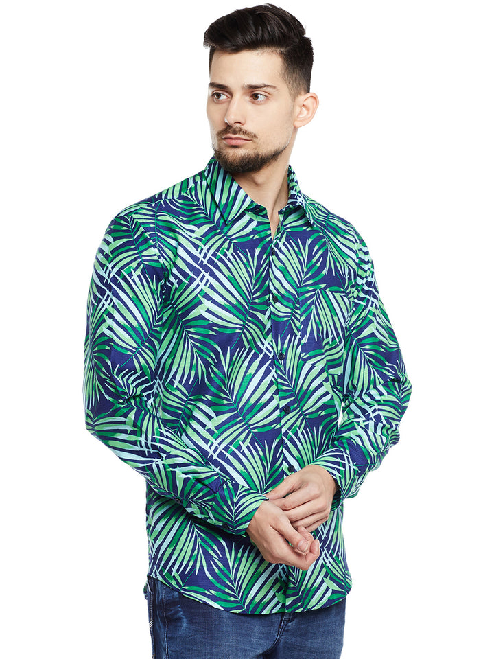 Men Navy & Green Printed Pure Cotton Pure Cotton Slim Fit Casual Shirt