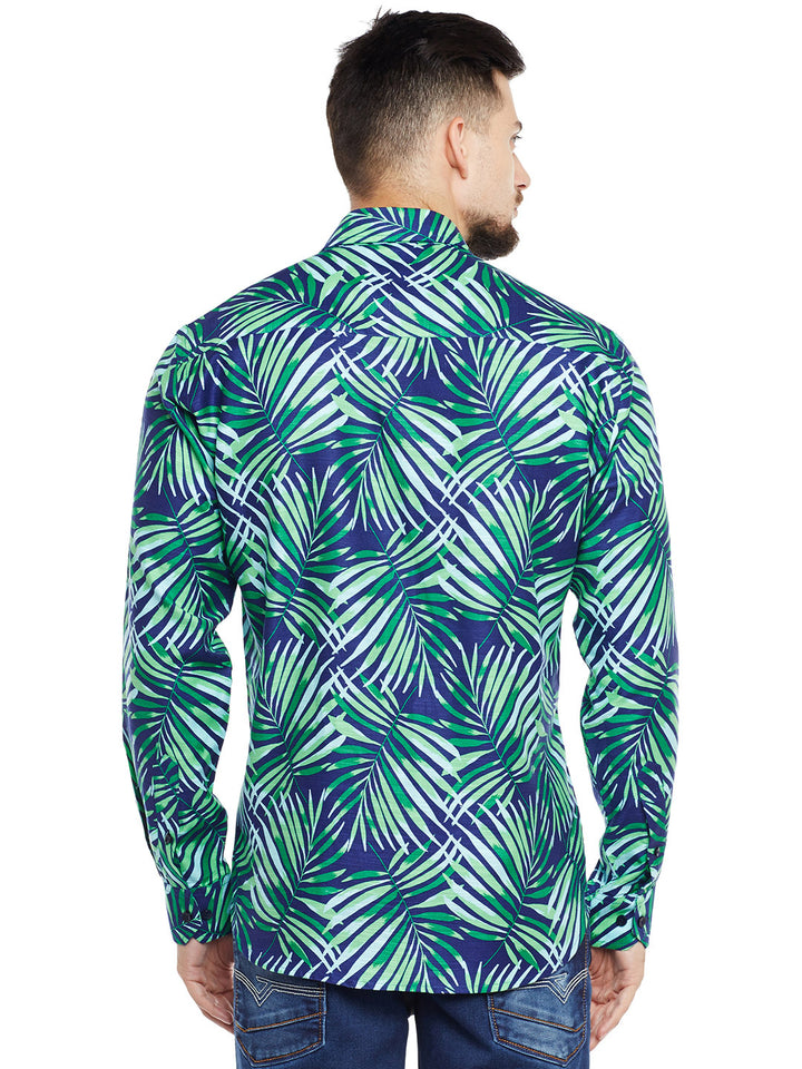 Men Navy & Green Printed Pure Cotton Pure Cotton Slim Fit Casual Shirt
