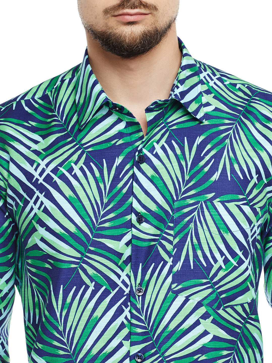 Men Navy & Green Printed Pure Cotton Pure Cotton Slim Fit Casual Shirt