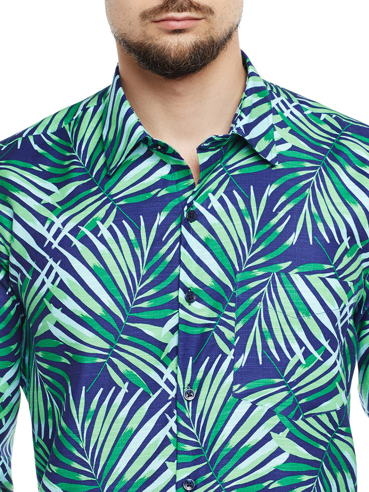 Men Navy & Green Printed Pure Cotton Pure Cotton Slim Fit Casual Shirt
