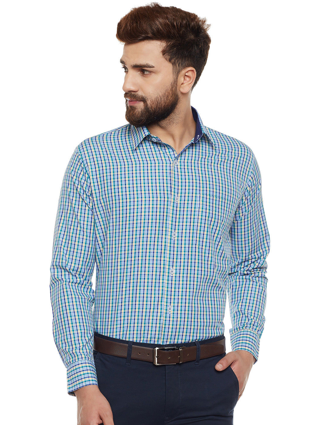 Men Green Checked Slim Fit Formal Shirt