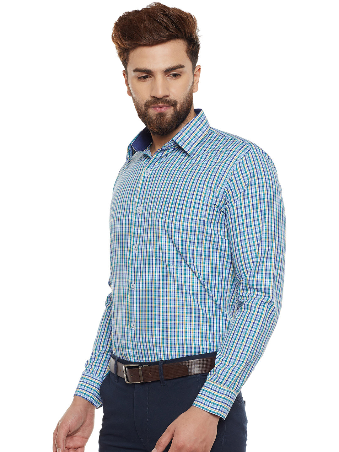 Men Green Checked Slim Fit Formal Shirt