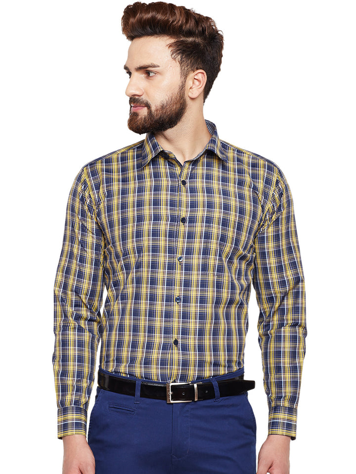 Men Yellow Checked Slim Fit Formal Shirt