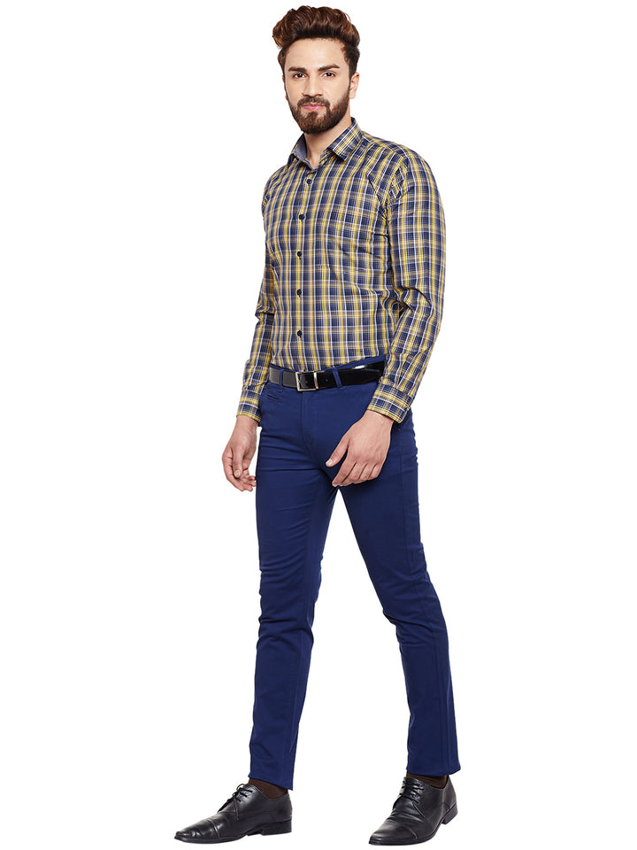 Men Yellow Checked Slim Fit Formal Shirt