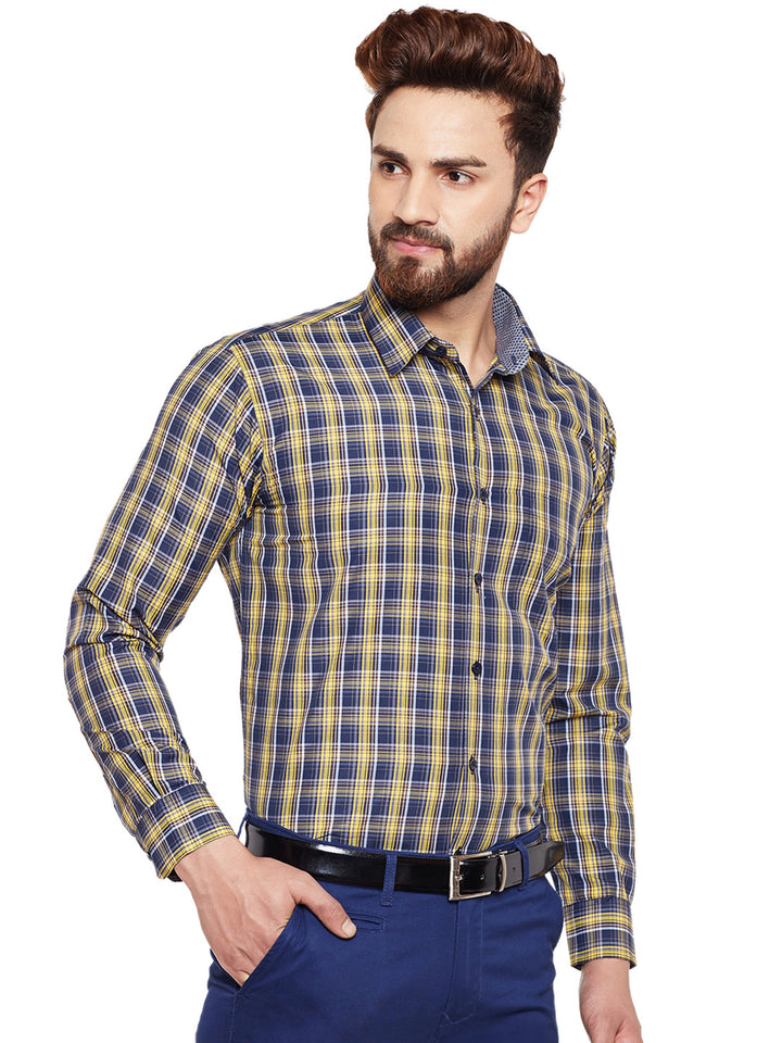 Men Yellow Checked Slim Fit Formal Shirt