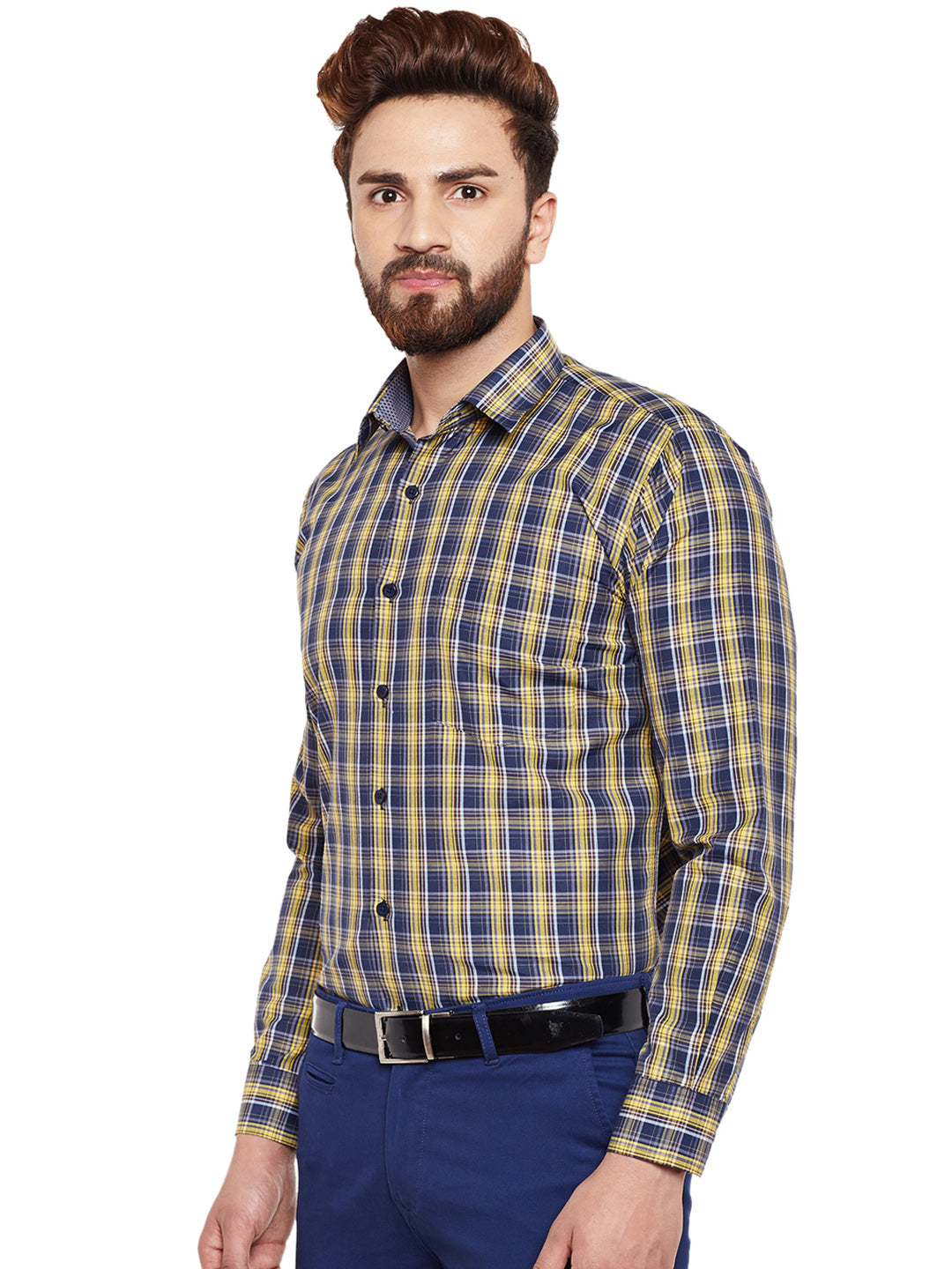 Men Yellow Checked Slim Fit Formal Shirt