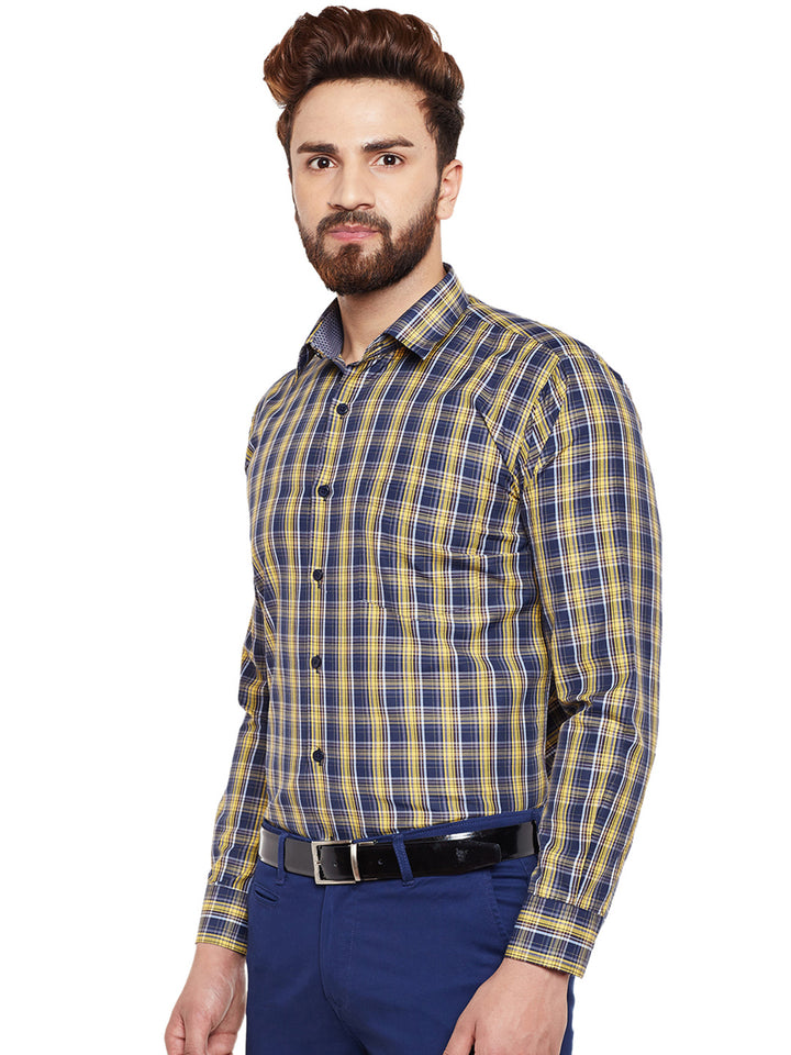 Men Yellow Checked Slim Fit Formal Shirt