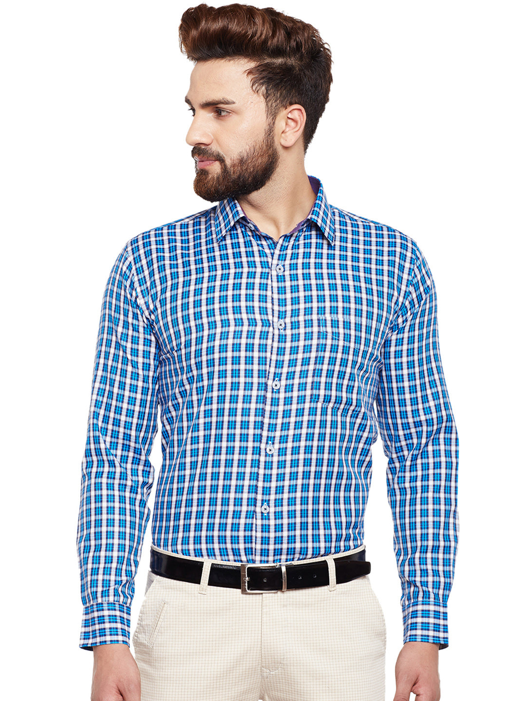 Men Blue Checked Slim Fit Formal Shirt