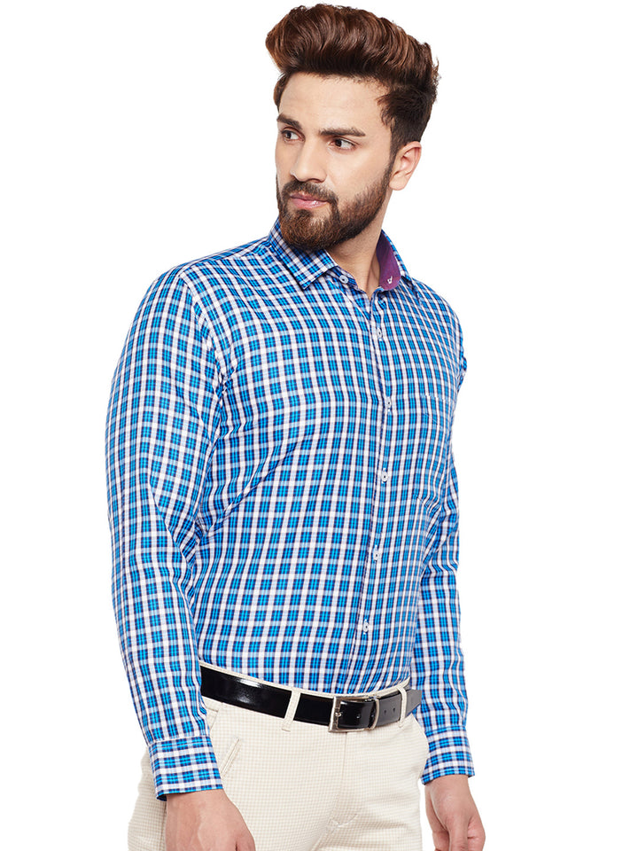Men Blue Checked Slim Fit Formal Shirt