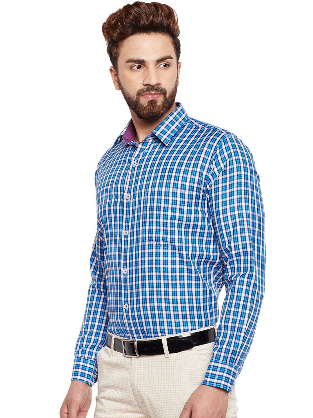 Men Blue Checked Slim Fit Formal Shirt