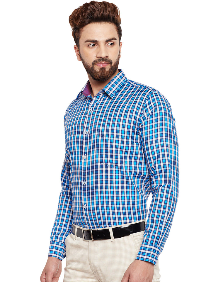Men Blue Checked Slim Fit Formal Shirt