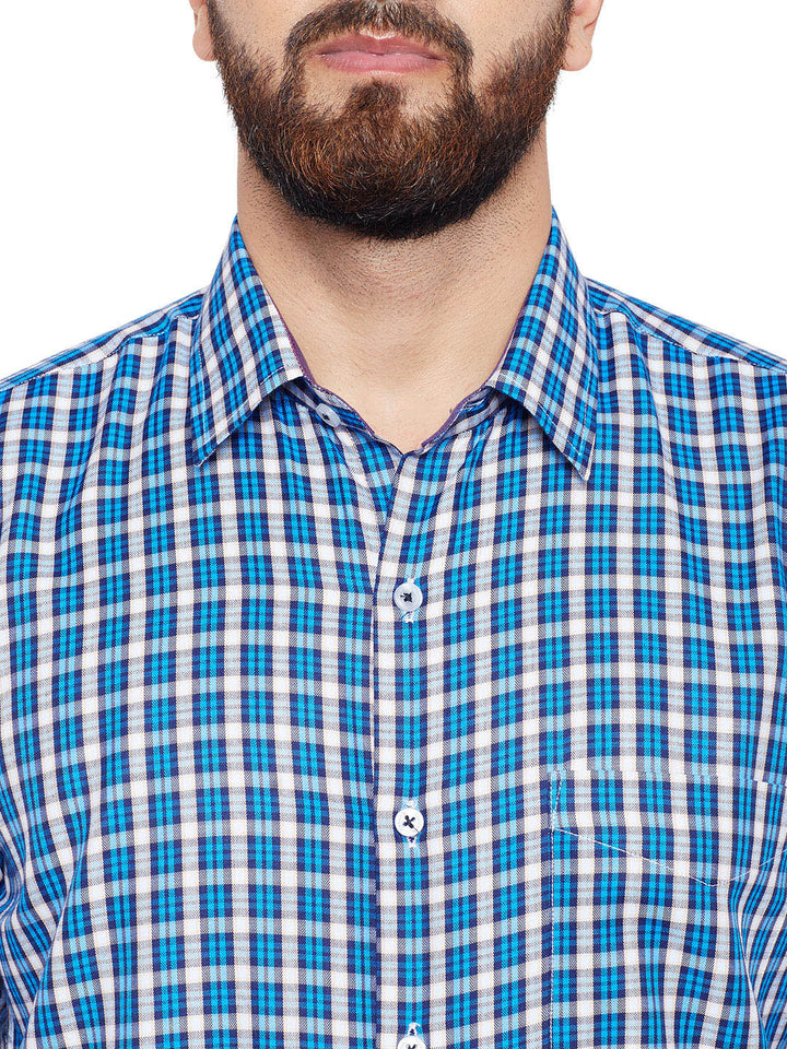 Men Blue Checked Slim Fit Formal Shirt