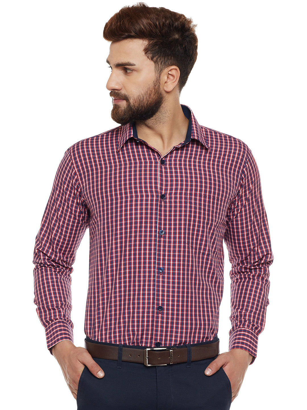 Men Navy Checked Slim Fit Formal Shirt