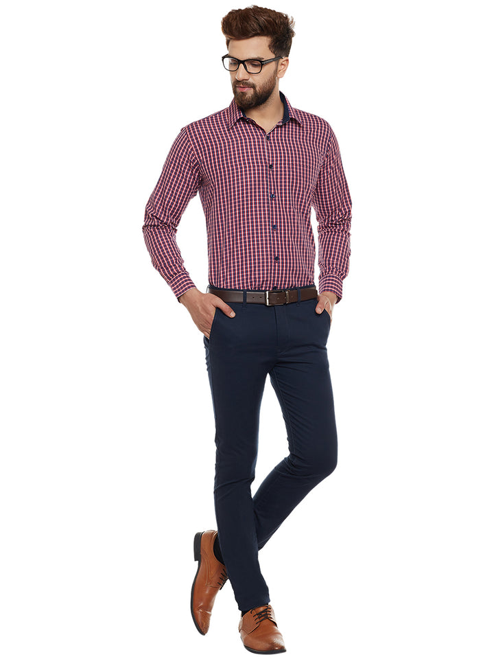 Men Navy Checked Slim Fit Formal Shirt