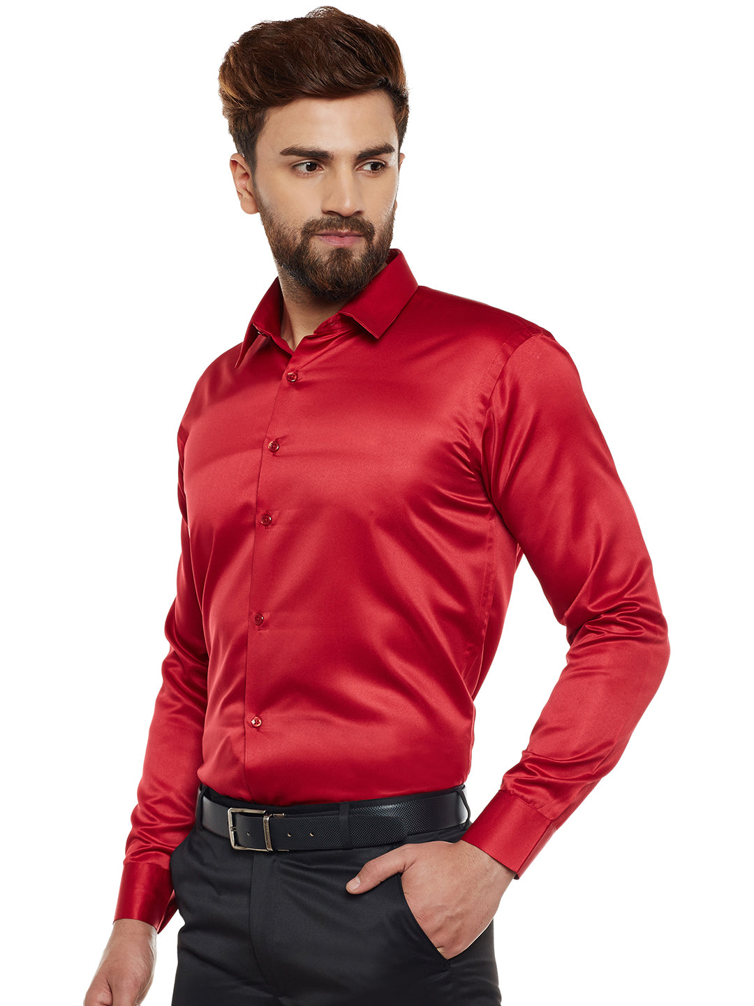 Hancock Men Red Solid Party Wear Slim Fit Formal Shirt