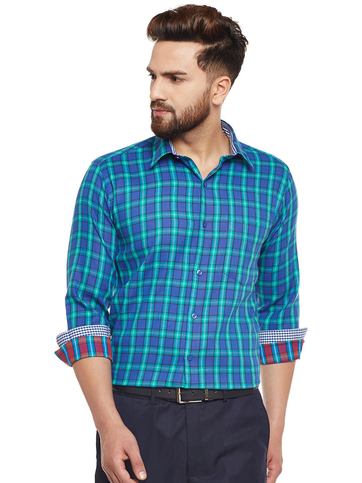 Men Turquoise Blue Checked Pure Cotton Slim Fit Casual shirt