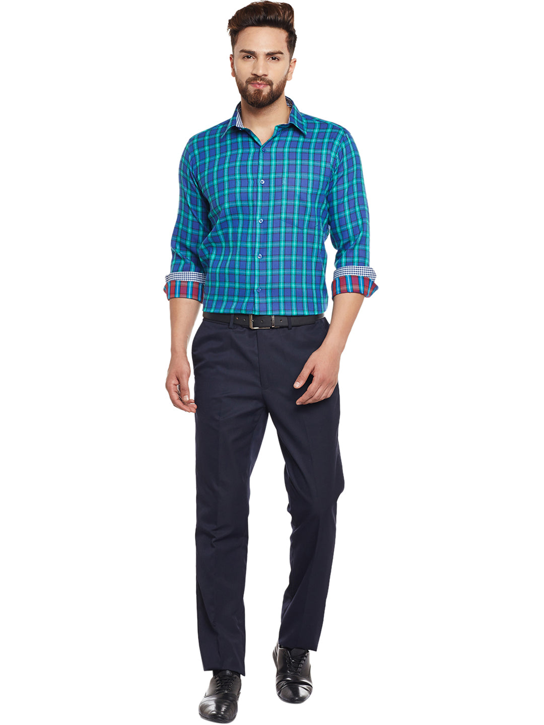 Men Turquoise Blue Checked Pure Cotton Slim Fit Casual shirt