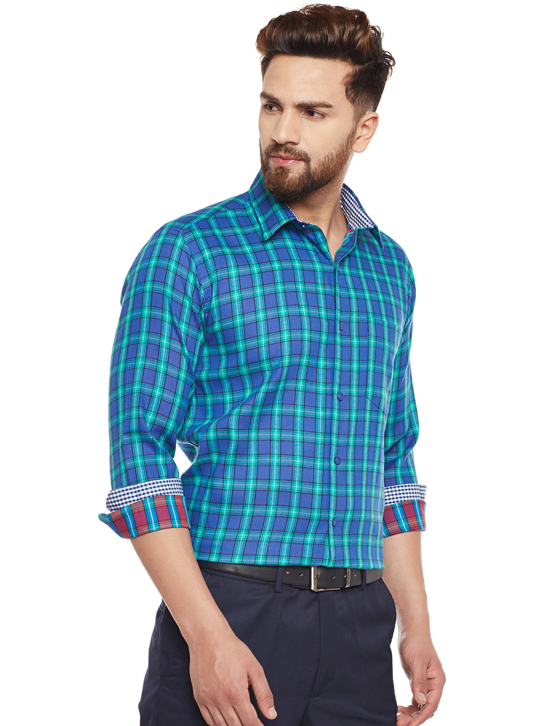 Men Turquoise Blue Checked Pure Cotton Slim Fit Casual shirt