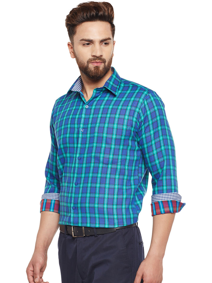 Men Turquoise Blue Checked Pure Cotton Slim Fit Casual shirt
